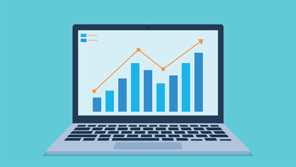 Vector graphics of a laptop with a graph with data on the screen. The graph shows the growth of investments. Flat style graphics.