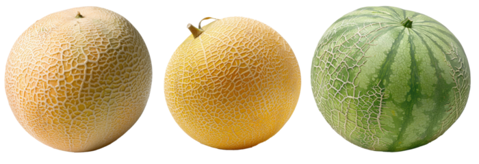 3 melons mûrs de variété différentes détouré sur fond transparent