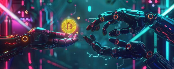 Obraz premium Robotic hands exchanging digital currency in a glowing cybernetic environment, futuristic, dark tones, neon lighting, high contrast