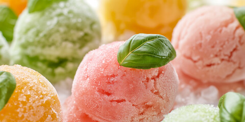 Artisan citrus basil sorbet, a closeup of artisan citrus basil sorbet, its vibrant colors and icy texture enhanced by fresh basil, set against a white background
