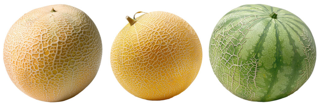 3 melons m&ucirc;rs de vari&eacute;t&eacute; diff&eacute;rentes d&eacute;tour&eacute; sur fond transparent