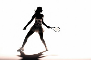 A woman is playing tennis with a racket. The image is black and white and the woman is the main focus. Scene is energetic and athletic
