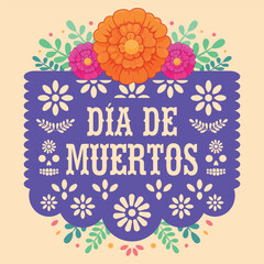 Papel picado día de muertos con cempasúchil México