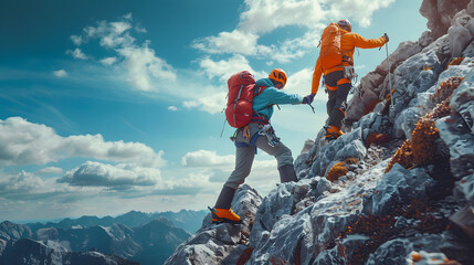 Two climbers wearing safety gear, reaching the summit of a snow-covered mountain under a clear blue sky. The image captures the spirit of adventure and teamwork in extreme conditions