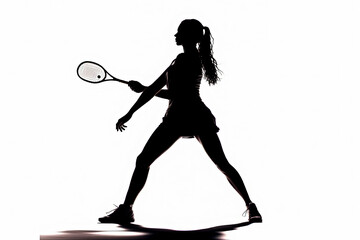 A woman is playing tennis with a racket. The image is black and white and the woman is the main focus. Scene is energetic and athletic