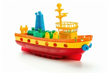 Obraz premium Colorful plastic ship toy on white background.