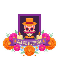 Altar día de muertos México con retrato catrín, velas y flor cempasúchil