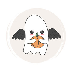 Cute icon vector with ghost with pumpkin and bat wings illustration on circle with brush texture, for social media story and highlights