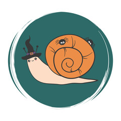Cute icon vector with cartoon character snail with witch hat and black spiders, illustration on circle with brush texture, for social media story and highlights