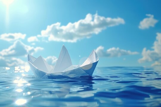 concept paper ship in water and sunny blue sky