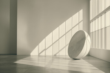 Minimalist Interior with Large Circular Sculpture and Sunlight Streaming Through Windows
