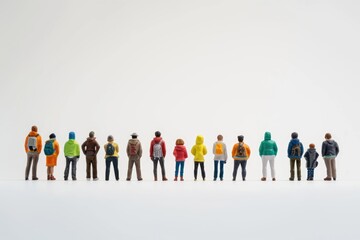 Group of miniature people over white background standing in line or circle.