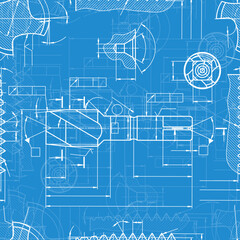 Mechanical engineering drawings on blue background. Tap tools, borer. Technical Design. Cover. Blueprint. Seamless pattern. Vector illustration.