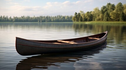 Design of a dark wood canoe with a sleek, streamlined shape and ample storage space, ideal for exploring lakes and rivers.