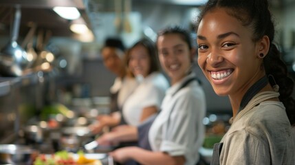 Obraz premium Group of smiling students in cooking class, having so much fun