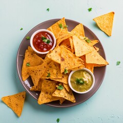 Spicy snack nachos with chutney on blue background