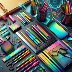 Naklejka premium table with a bright set of school supplies, such as a smartphone, notebooks, pencils, eraser, paper clips, scissors,