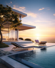 Hotel swimming pool in sunset.