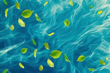 Serene blue water surface with floating green leaves