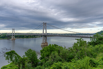 Aerial photo of the Franklin Delano Roosevelt Mid-Hudson Bridge over the Hudson River, Poughkeepsie NY.	