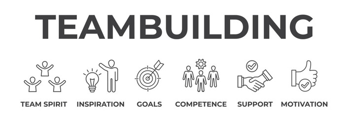 Banner team building concept. Team spirit, inspiration, goals, competence, support, motivation. Vector illustration with keywords and icons