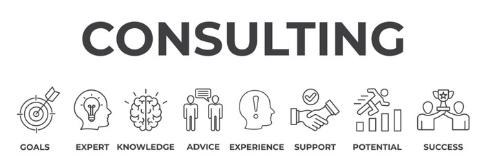 Banner consulting concept. Goals, expert, knowledge, advice, experience, support, potential, success. Vector illustration with keywords and icons
