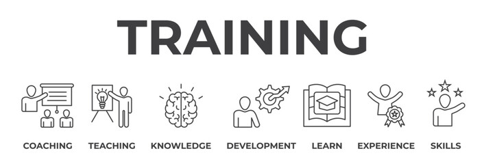 Banner training concept. Coaching, teaching, knowledge, development,learn, experience,skills. Vector illustration with keywords and icons