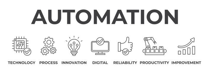 Banner Automation concept. Technology, process, innovation, digital, reliability, productivity and improvement. Vector illustration with keywords and icons