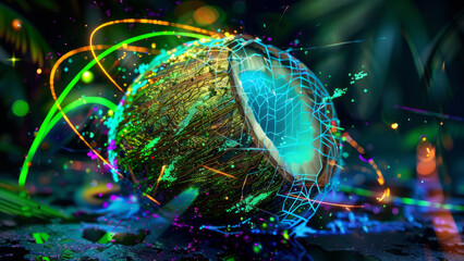A neon-glowing coconut with vibrant holographic elements, blending natural beauty with futuristic digital aesthetics in a dynamic cyberpunk setting.
