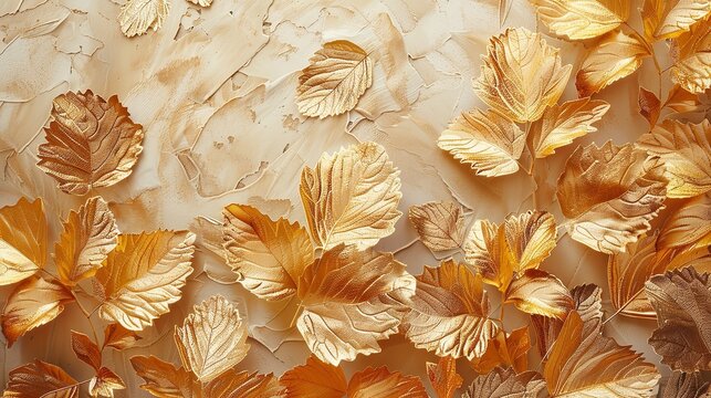 Art painted golden leaves in pastel technique