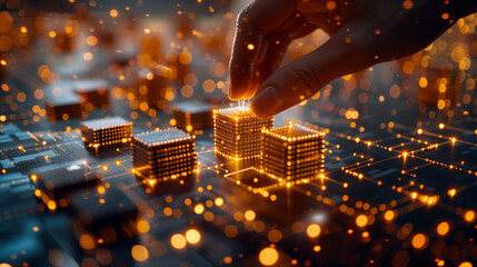 A hand carefully places glowing digital blocks on a grid, symbolizing the intricate process of building digital infrastructures. The scene captures the essence of modern technology in business.