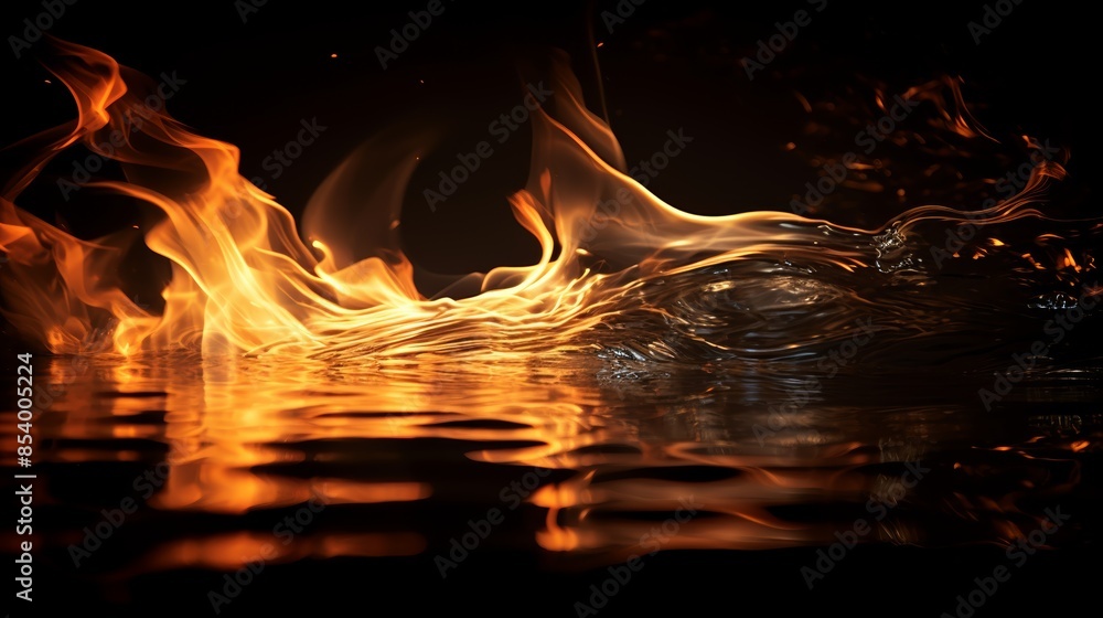 Aufkleber fire flames on black background, reflected in the surface of a still pond, creating a mesmerizing in