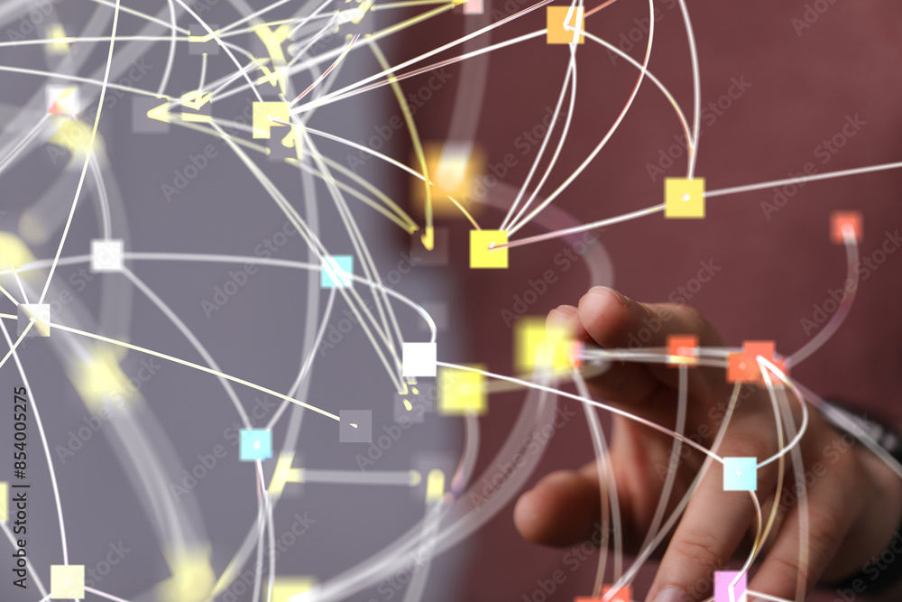 Poster a man pressing button. innovation technology internet business concept. space for text.
