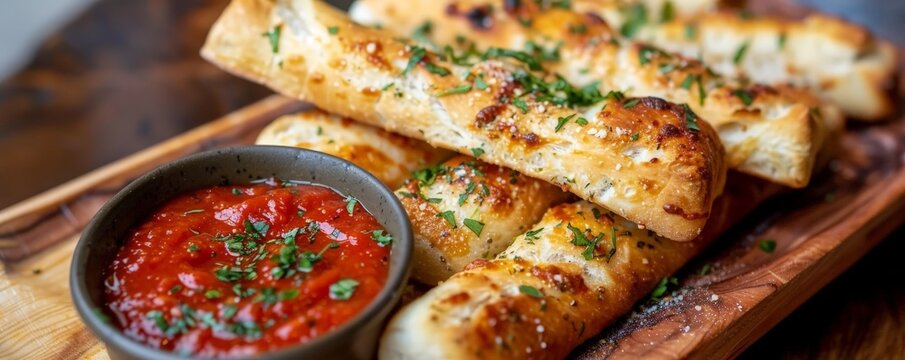 Scrumptious Garlic Breadsticks Served with Flavorful Marinara Sauce for a Tasty Mealtime Delight