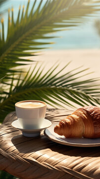 Cup of coffee and croasant on the beach.