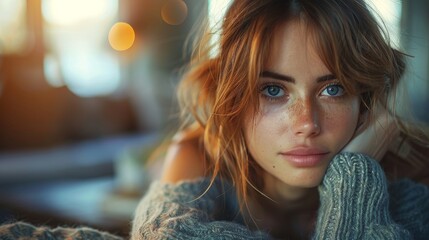 A high-quality portrait showcasing a young woman gazing directly at the camera, her freckles adding a natural beauty
