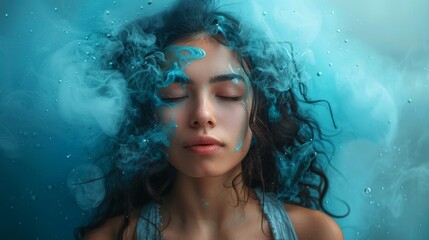 This image depicts a woman with closed eyes surrounded by mystical blue smoke, giving a surreal and dreamy feel