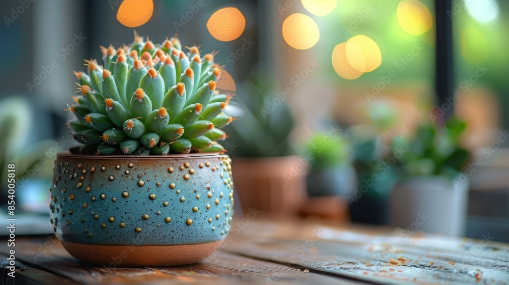 Poster a close-up shot of a succulent plant in a blue pot with gold dots, sitting on a wooden table. the ba