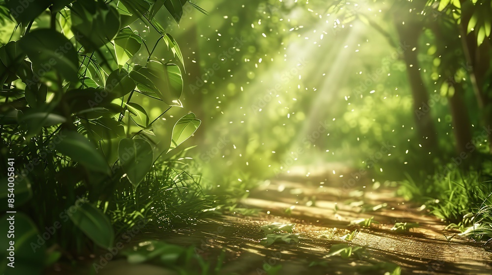 Poster forest pathway in the summer is surrounded by trees with green leaves and soft hazy sunlight