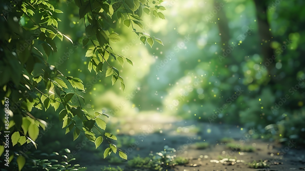 Poster forest pathway in the summer is surrounded by trees with green leaves and soft hazy sunlight