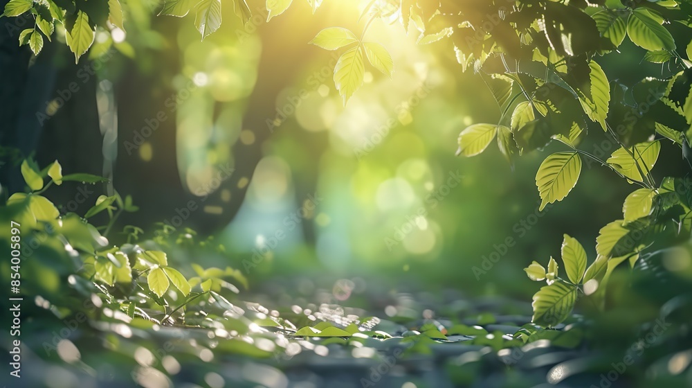 Poster forest pathway in the summer is surrounded by trees with green leaves and soft hazy sunlight