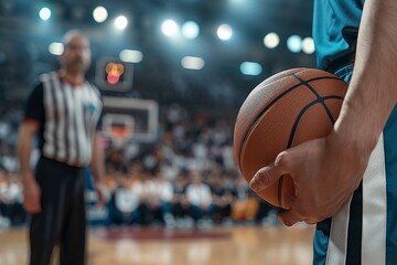 A basketball player holding the ball on the court while a referee stands in the background during a game in a packed stadium.