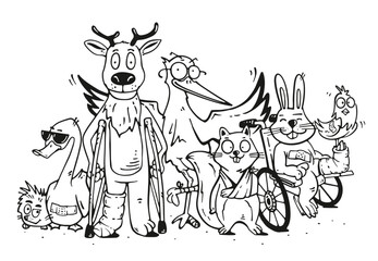 Cute sick animal, Veterinary clinic, illustration in line hand drawn style