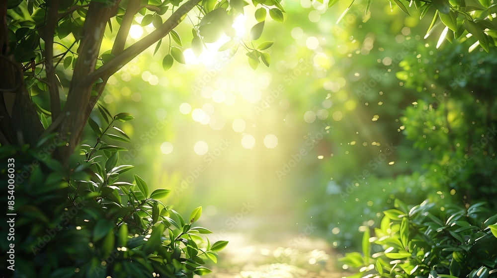 Poster forest pathway in the summer is surrounded by trees with green leaves and soft hazy sunlight