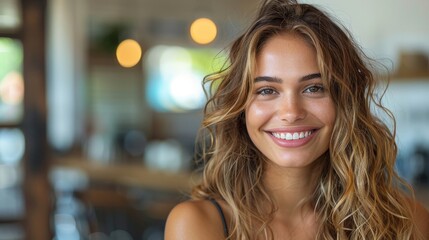 Bright portrait of a confident young woman with a beaming smile, captured in a sunlit modern space