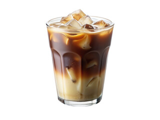 Iced Coffee Latte In Glass. This refreshing iced coffee latte features a perfect blend of coffee and milk, served in a clear glass with ice cubes. Isolated on transparent background, png.