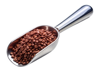 Fototapeta premium Scoop Of Coffee Beans In Metal Spoon. This image features a scoop of rich coffee beans in a shiny metal spoon, perfect for illustrating coffee-related themes. Isolated on transparent background, png.