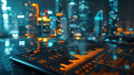 A tablet displaying stock market data with a blurred city skyline in the background.
