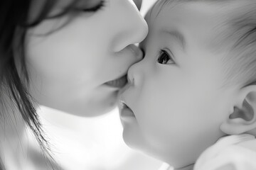 Tender moment between young mother and baby in black and white