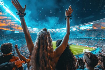 Group of friends raising hands cheering at stadium during soccer match
